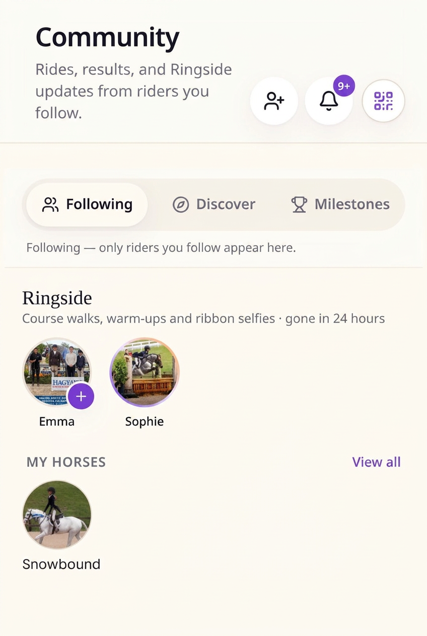 RoundShare community screen showing rounds from riders you follow