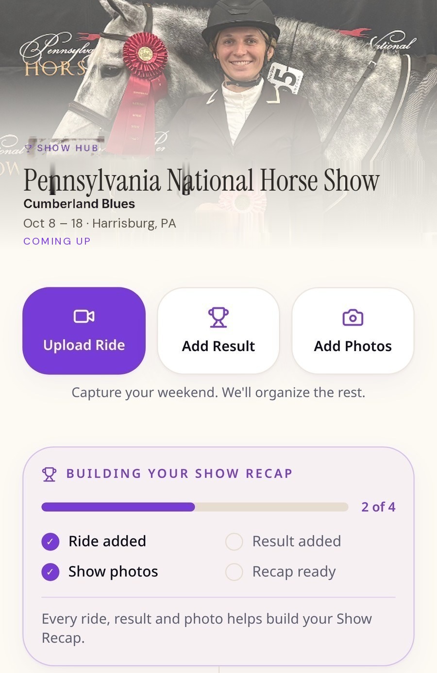 RoundShare Show Hub showing rounds, results and photos from a horse show weekend